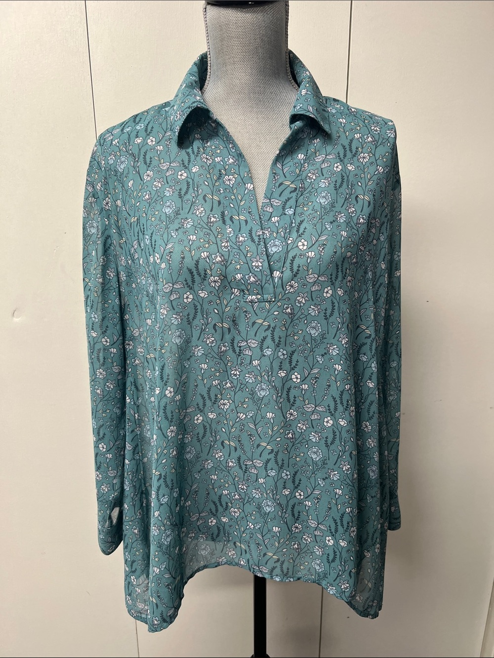 CAbi Teal Floral Long-Sleeve V-Neck Collared Top #3761